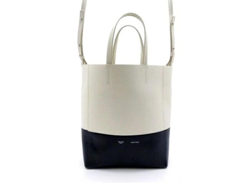 Celine Cabas Tote Bag Calfskin Embossed White Black Bicolor